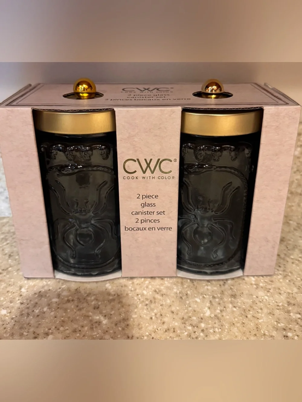 Cook With Color Grey Glass Spider Embossed Canister Set with Gold Lids - 2 Piece